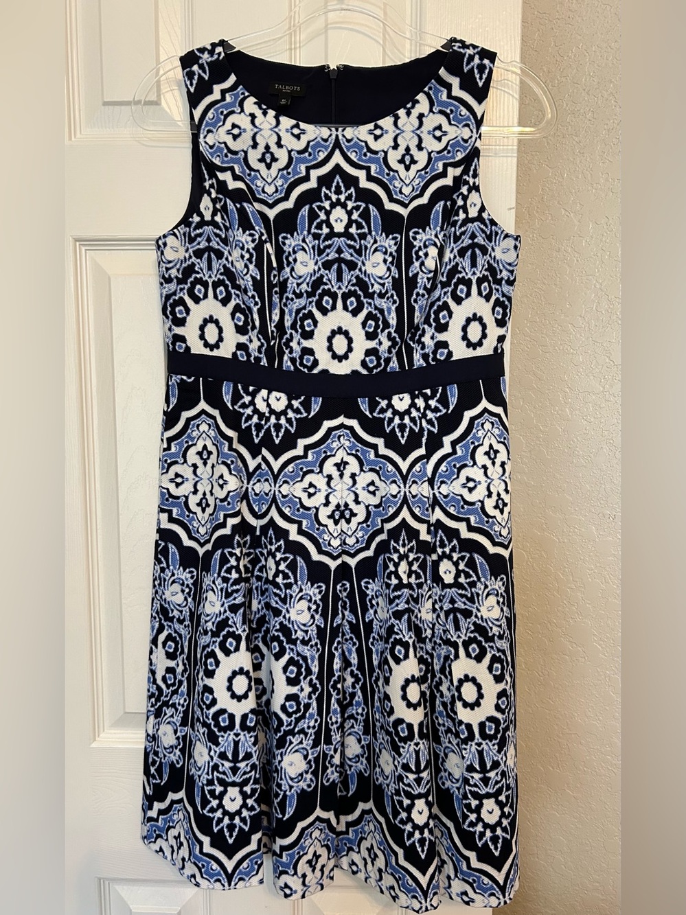 Talbots Black, White & Blue Sleeveless Fit-and-Flare Midi Dress